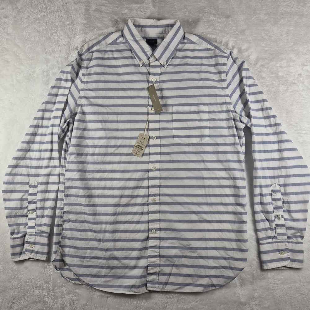 J. Crew Button Down Shirt Men's Large White Blue Striped Washed 2-Ply Cotton NWT